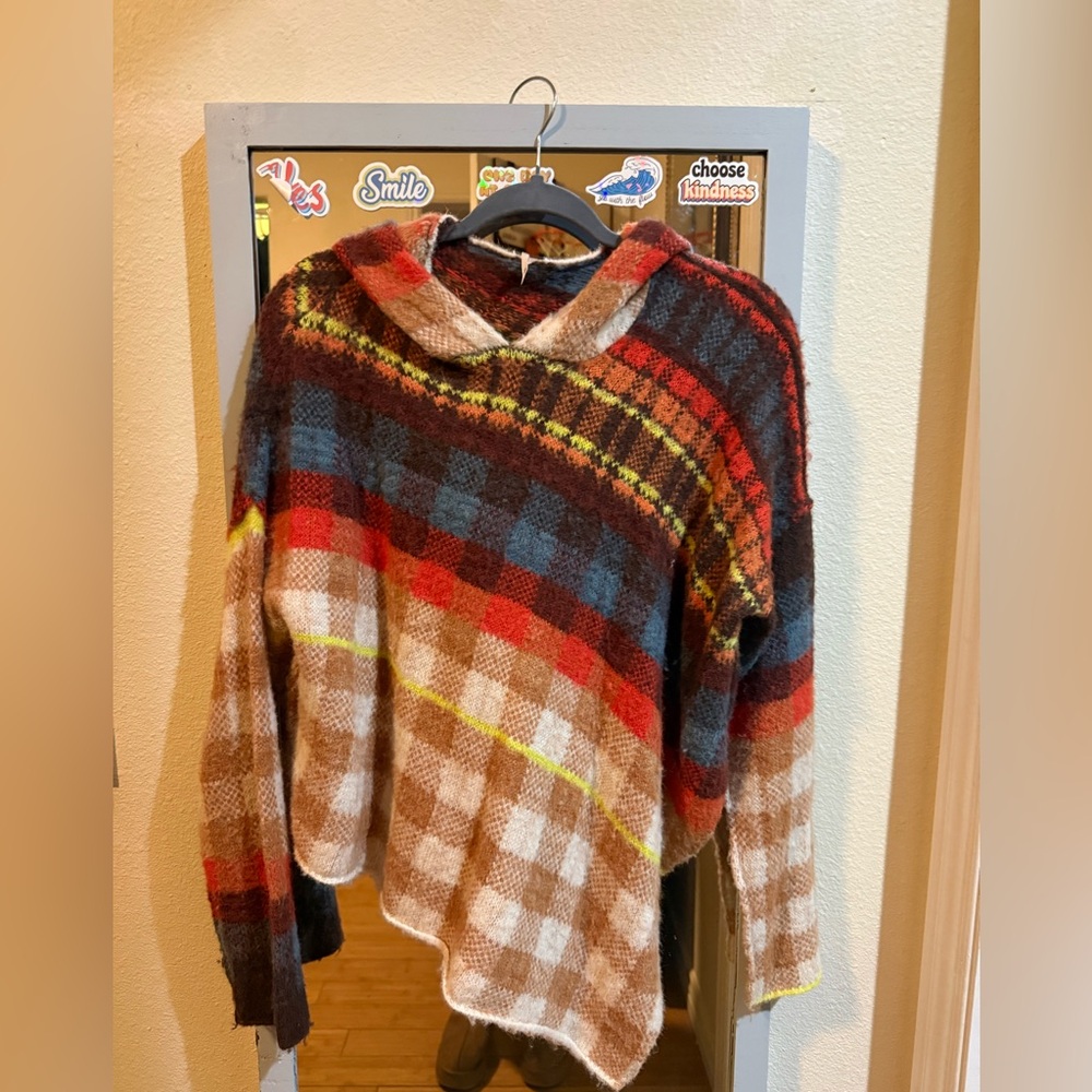Free People Colorful Checkered Cowl Neck Sweater